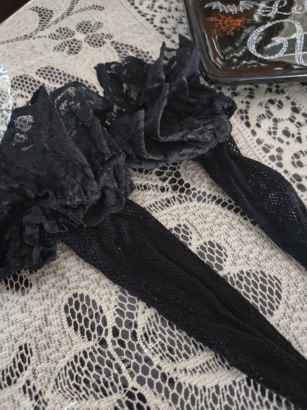 Black Pinstripe Fishnet Ruffle Lace Thigh High Garter Stocking Vamp Victorian
